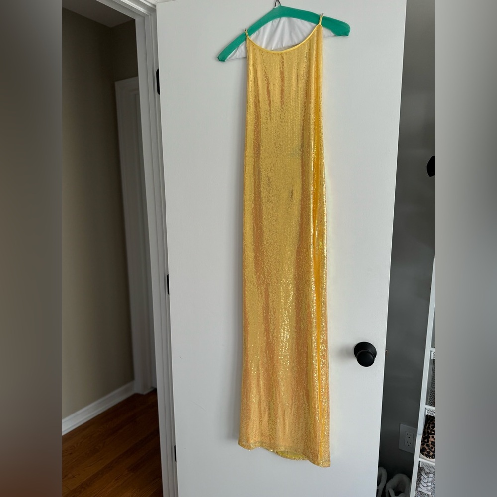 Lulus glam diva iridescent yellow sequin lace up maxi dress. Size Medium